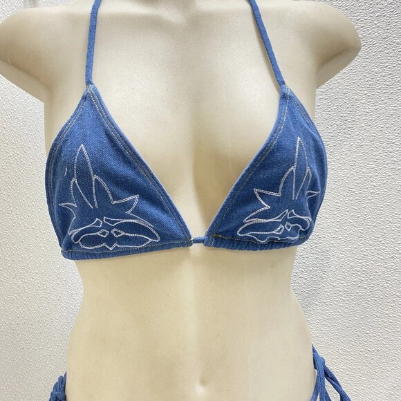 NEW UNDERSTATED Leather Women’s Bootscoot Bikini Set Denim Blue Size M - Picture 14 of 15